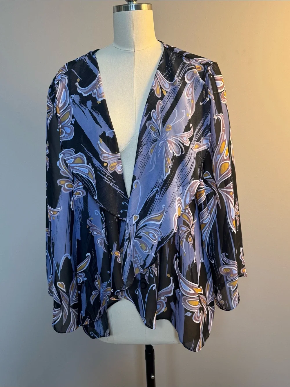 Bob Mackie Black Lavender Floral Print Sheer Blazer, 1X